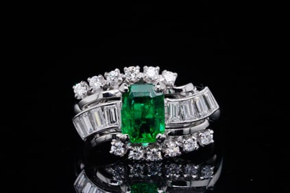 Mikimoto 0.94ct Emerald, 0.65ctw Diamond Platinum Ring