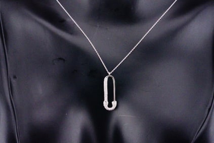 14K White Gold and 0.15ctw Diamond Safety Pin Necklace