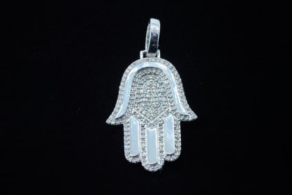 14K White Gold and 0.50ctw Diamond 1.25" Hamsa Pendant