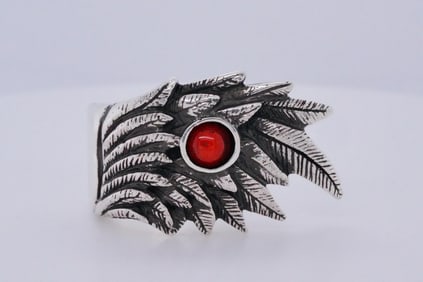 King Baby Sterling Silver and Coral Raven Wing Ring