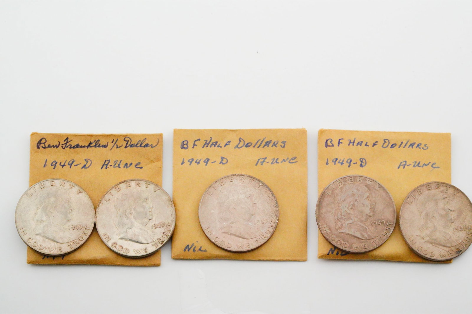Lot of (5) 1949-D Franklin Half Dollars (90% Silver) (1 of 7)
