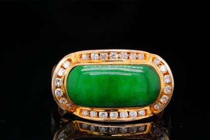 16mm Nephrite, 0.50ctw Diamond and 18K Yellow Gold Ring