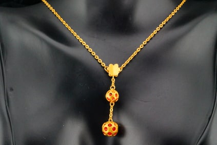 24K Yellow Gold 16" Necklace W/Orange Gemstones