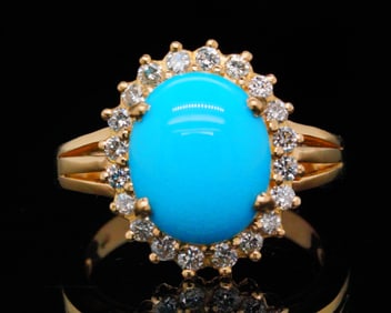 12mm Turquoise, 0.75ctw SI1-SI2/G-H Diamond 18K Ring