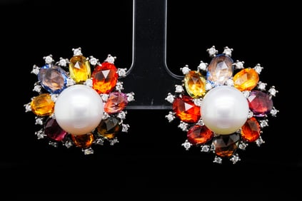 12.50ctw Sapphire, Pearl, 1.10ctw Diamond 18K Earrings