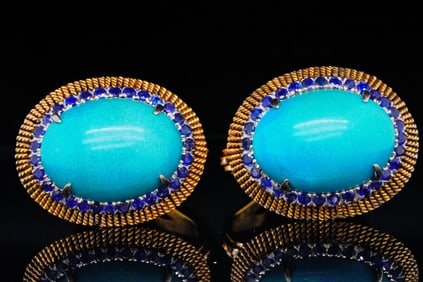 2.00ctw Blue Sapphire, 24mm Turquoise and 14K Ear Clips