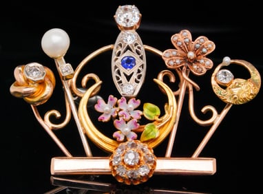 1.50ctw Diamond, Pearl, Enamel and 14K Vintage Brooch