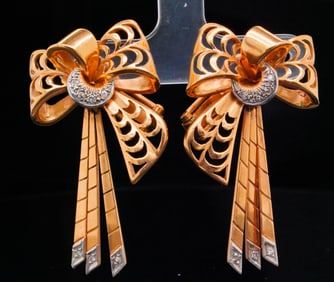 18K Yellow and White Gold Ribbon Ear Clips W/Diamonds