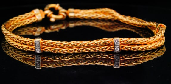 14K Yellow Gold Woven Dual Strand Bracelet W/Diamonds