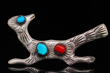 Native American Turquoise, Coral and Sterling Brooch