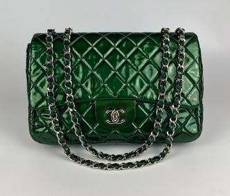 Chanel Metallic Green Patent Jumbo Classic Flap Bag