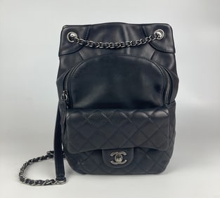 Chanel Black Leather Drawstring Backpack