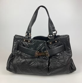 Chanel Quilted Black Leather Latch Front Tote Bag