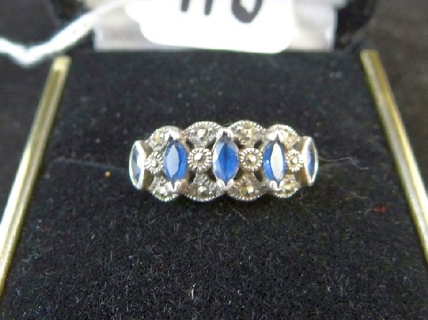 925 Silver Blue Sapphire & Marcasite Ring: Vintage Solid Sterling Silver Genuine Blue Sapphire & Marcasite Ring-This lovely ring features (5) Marquise-cut genuine blue sapphires and has marcasite throughout. Thought to be sz. 8