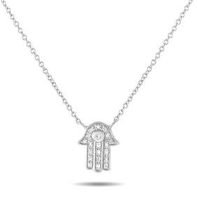 14K White Gold and 0.10ctw Diamond 18" Hamsa Necklace