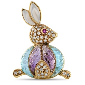 18K, 0.35ctw Diamond, and Gemstone Bunny Brooch