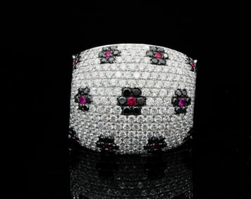 5.00ctw White and Black Diamond, Onyx 18K Ring W/Rubies
