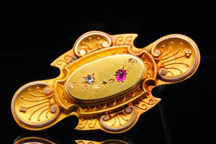 Victorian 10K Gold Mourning Brooch W/Diamond and Ruby