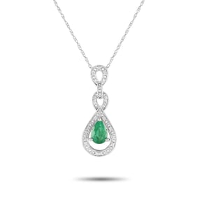 14K White Gold, Emerald and 0.08ctw Diamond Necklace