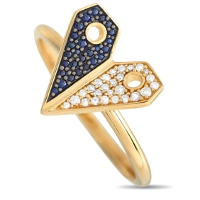14K Yellow Gold, Diamond and Sapphire Heart Ring
