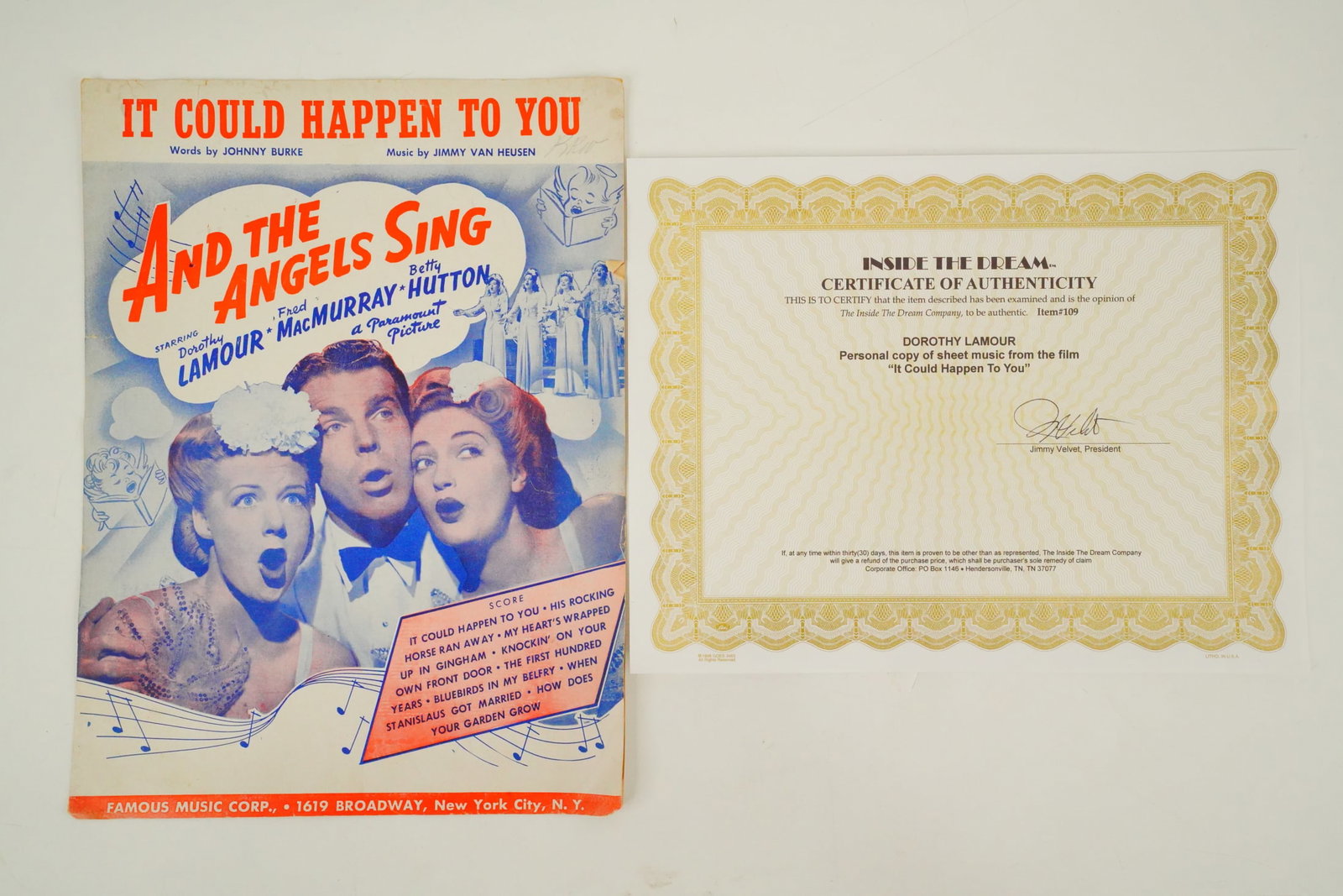 Dorothy Lamour's "It Could Happen To You" Sheet Music: Dorothy Lamour Personal Copy of "It Could Happen To You" Sheet Music W/COA - The Dorothy Lamour Personal Copy of "It Could Happen To You" Sheet Music is an extraordinary piece of Hollywood history, of
