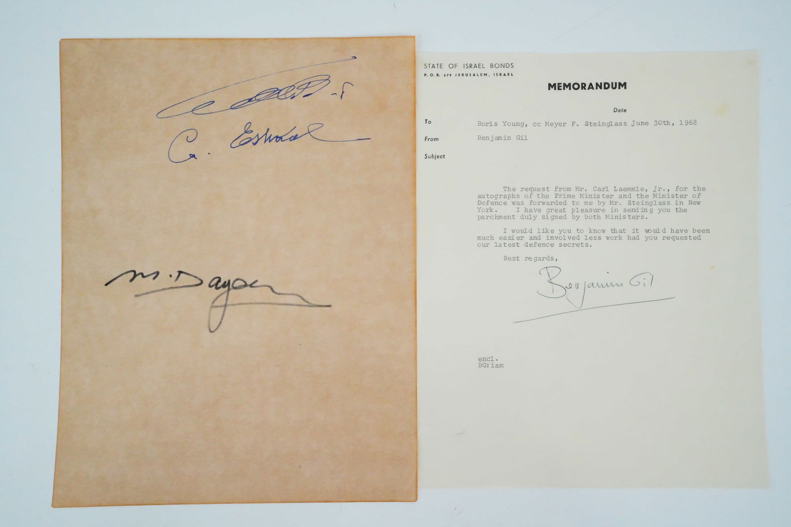 Israel Prime Minister Levi Eshkol, Moshe Dayan Signatures (1 of 5)