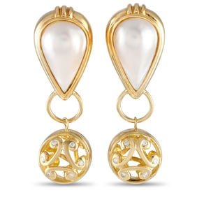 18K Yellow Gold, Mabe Pearl and Diamond 2" Ear Clips