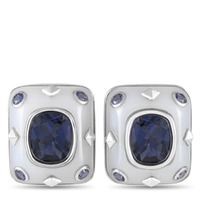 18K White Gold, Chalcedony, and Iolite 0.75" Ear Clips
