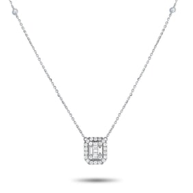 14K White Gold and 0.85ctw Diamond Cushion Halo Necklace