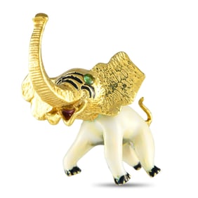 14K Yellow Gold Enameled Elephant Brooch