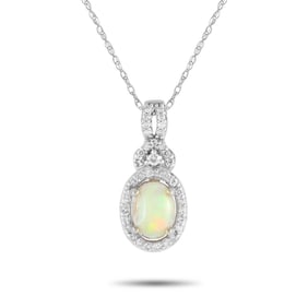 14K White Gold, Opal and 0.15ctw Diamond Necklace