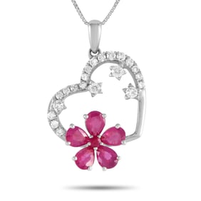 14K White Gold, 0.20ctw Diamond and Ruby Necklace