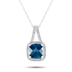 14K White Gold, Blue Topaz and Diamond 18" Necklace