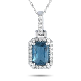 14K White Gold, Blue Topaz and Diamond 18" Necklace
