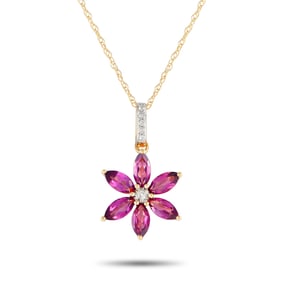 14K Yellow Gold and Rhodolite Flower Pendant Necklace