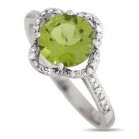 14K White Gold, Peridot and 0.10ctw Diamond Ring