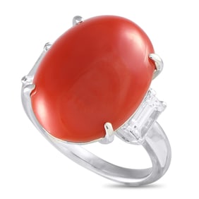Mikimoto 0.89ctw Diamond, Red Coral and Platinum Ring