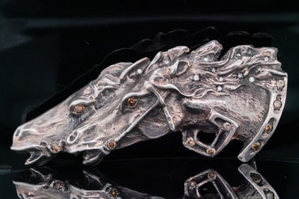 1.00ctw Brown and White Diamond Silver Horse Brooch