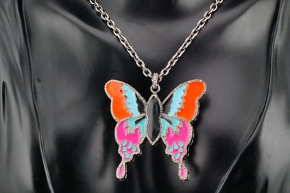 1.50ctw Diamond, Enamel and Silver Butterfly Necklace