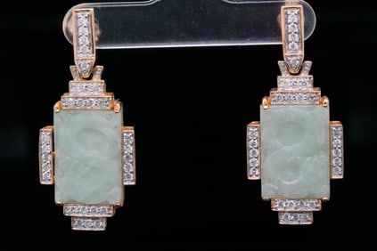 1.80ctw SI1-SI2/G-H Diamond, Jade and 14K Earrings