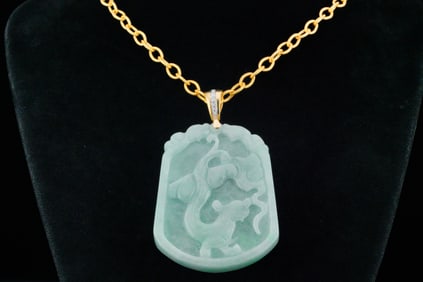 55mm Carved Jade, Diamond and 18K Pendant