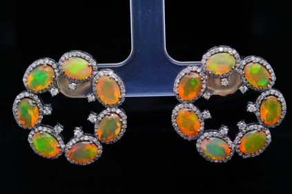 7.00ctw Opal, 2.00ctw Diamond and Silver Earrings