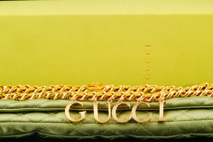 Gucci Gold Tone GG Script Chain Necklace