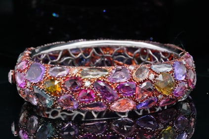 118.00ctw Sapphire, 1.25ctw Diamond and 18K Bangle