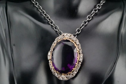 Victorian 60ct Amethyst, Diamond, Silver/14K Pendant