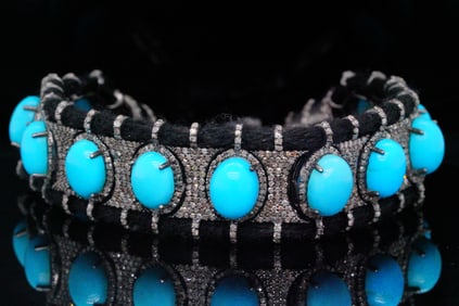 9mm Persian Turquoise, 4.00ctw Diamond, Silver Bracelet