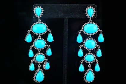 7.5mm-14mm Turquoise, 3.60ctw Diamond and Silver Earrings