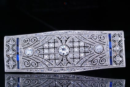 Art Deco 3.60ctw Diamond, Sapphire and Platinum Brooch