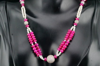 Ruby, Pearl, White Sapphire and Sterling Necklace