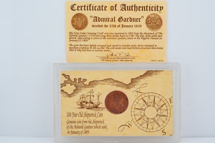 Genuine 1808 Admiral Gardner Shipwreck Coin W/COA